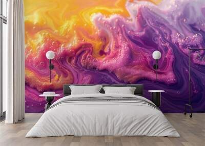  A close-up image showcases two swirls of yellow and purple liquids, one on the left and one on the right Wall mural