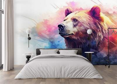  a close up of a bear's face on a white background with a multicolored splash of paint on the left side of the bear's face.  generative ai Wall mural