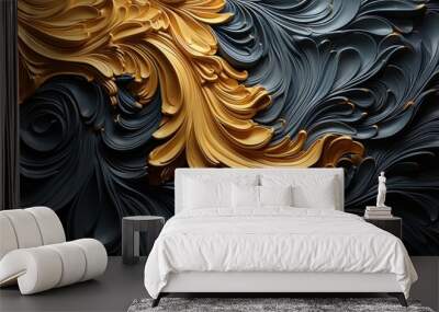  a close up of a black and gold wallpaper with a swirly design on the side of the wall. Wall mural