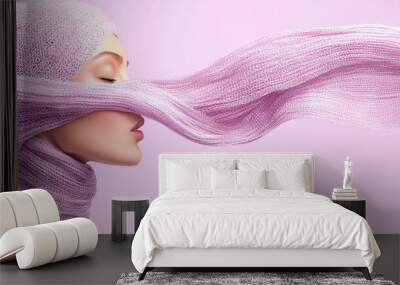   A close-up of a mannequin's head with purple hair blowing in the wind on a pink background Wall mural