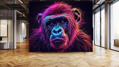  a close up of a monkey's face with a neon light effect on it's face and the monkey's head is in the center of the frame. Wall mural