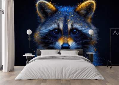  a close up of a raccoon's face with blue and yellow speckles on it's fur and it's face is looking at the camera. Wall mural