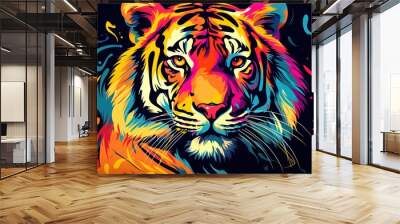  a close up of a tiger's face with colorful paint splatters on it's face and on its face it's face is a black background. Wall mural