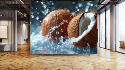  a close up of two coconuts with water splashing around them on a blue surface with a black back ground and small white dots on the top of the top of the image. Wall mural