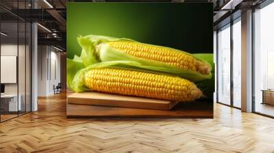  a close up of two corn on the cob on a cutting board on a wooden table with a green background. Wall mural