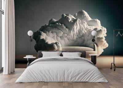  a cloud of smoke is coming out of a couch in a room with a dark background and a wooden floor and a wall with a white chair on it, and a black background,., generative ai Wall mural