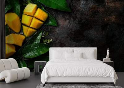   A cluster of ripe mangoes perched atop a lush green countertop, adjacent to an elegant potted plant Wall mural