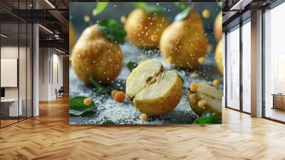   A collection of pears positioned atop a table, alongside heaps of leaves and nuts Wall mural