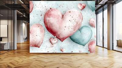   A collection of red hearts arranged on a light blue and pink backdrop with water droplets adorning their surfaces Wall mural