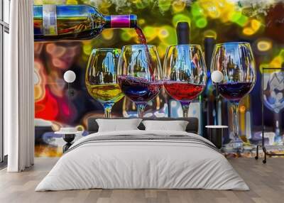   A collection of wine glasses resting atop a table alongside a wine bottle and glass of wine Wall mural