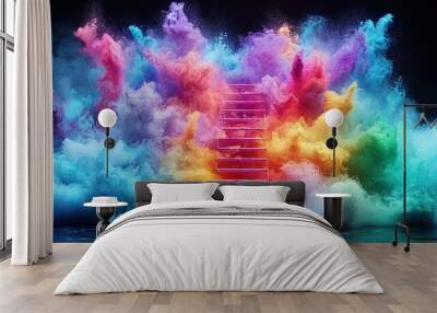   A colorful cloud of smoke with a staircase leading to its peak Wall mural