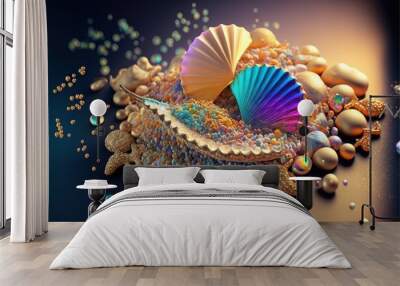  a colorful umbrella sitting on top of a pile of shells and pearls on a table top with bubbles and bubbles around it and a blue background with bubbles and bubbles and bubbles on the bottom. Wall mural