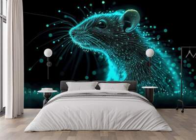  a computer generated image of a rat on a black background with blue and green lights coming out of it's back end and the rat is looking to the right of the camera. Wall mural