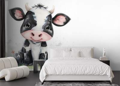   A cow in black and white sits atop a field of green grass and adjacent to an orange-white blossomed flower Wall mural