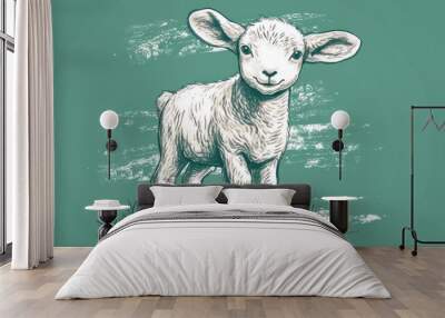  a drawing of a lamb standing in a field of grass with a blue sky in the background and a green sky in the middle of the drawing is the image. Wall mural