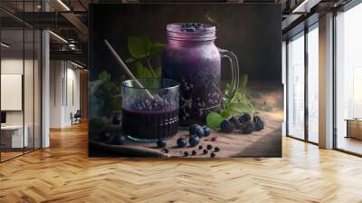  a glass of blueberry juice next to a jar of blueberries and a glass of blackberries on a table. generative ai, generative ai Wall mural