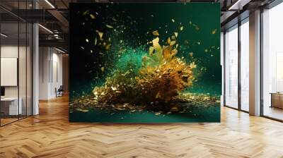  a green and gold explosion of confetti on a black background with a green background and gold confetti on the bottom of the image.  generative ai Wall mural