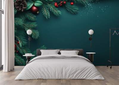  a green christmas background with pine cones and red berries on the branches.  generative ai Wall mural