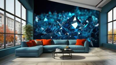  a group of blue diamonds sitting on top of a black table top next to a black background with a reflection of the diamond on the floor.  generative ai Wall mural