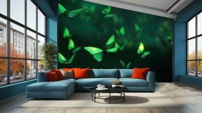  a group of green butterflies flying in the air with a dark background.  generative ai Wall mural