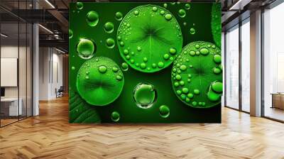  a group of green leaves with water droplets on them and a green background with leaves and water droplets on them, all in a green color.  generative ai Wall mural