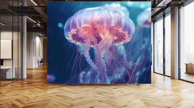  a group of jellyfish swimming in a blue and pink water tank with jellyfish in it's tentacles and water droplets on the bottom of it's surface. Wall mural