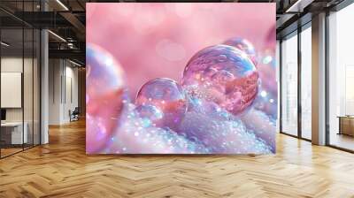   A group of soap bubbles sits atop a stack of white and pink bubbles on a pink background Wall mural