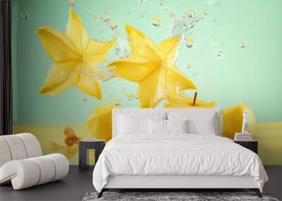  a group of yellow fruit with water splashing on them.  generative ai Wall mural