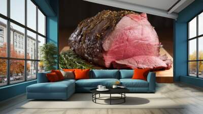  a large piece of meat sitting on top of a wooden cutting board.  generative ai Wall mural