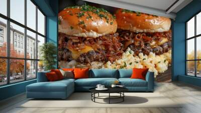   A macro shot of a platter containing two beef burgers and creamy macaroni & cheese alongside Wall mural