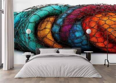   A multicolored yarn pile sits on a white table near a net above it Wall mural