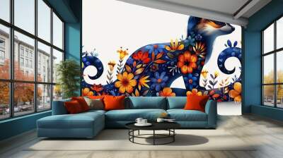   A painting of a blue animal adorned with orange and yellow flowers perches against a white canvas Wall mural