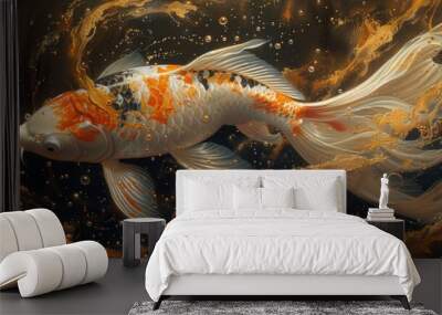  a painting of a koi fish swimming in a pond with bubbles of water on it's sides and an orange and white fish in the middle of the water. Wall mural