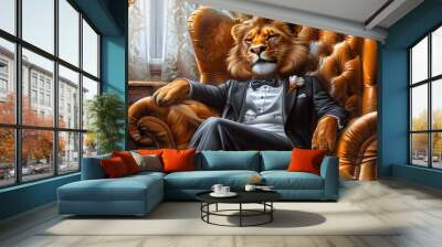   A painting of a lion in a tuxedo seated in a chair, paws resting on the chair back Wall mural