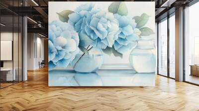   A painting of blue flowers in a vase near a fishbowl and a vase containing a fish Wall mural