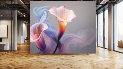  a painting of two flowers on a gray background with a blue and pink smoke trail coming out of the center of the flower and the back of the image is a gray background.  generative ai Wall mural