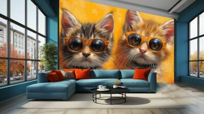  a painting of two kittens wearing sunglasses and a bow tie on a yellow background with a grungy effect to the left and right of the two cats's eyes. Wall mural