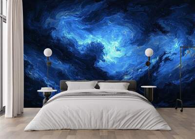   A painting of vibrant blue and black swirls against a dark backdrop, featuring a white dot at its focal point Wall mural