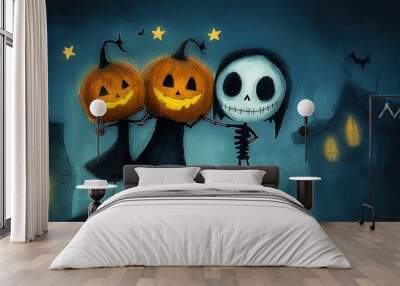   A pair of Jack-o'-lanterns stand beside each other in front of a house with two Jack-o'-lanterns Wall mural