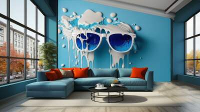  a pair of sunglasses with blue tinted lenses are floating in a liquid puddle on a blue background with white drops of water on the side of the glasses, and the image is a splash., generative ai Wall mural