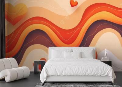   A paper cutout depicts two hearts soaring above an orange wavy backdrop, with hearts hovering in mid-air Wall mural