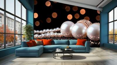   A photo of pearls on black with glowing gold and white backlights Wall mural