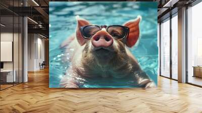  A pig wearing sunglasses swims in a pool with its snout out of water Wall mural