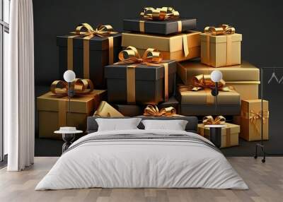  a pile of gold wrapped presents with bows and ribbons on them, all stacked up together, with a black background, with a black background.  generative ai Wall mural