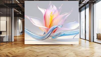  a pink and white flower sitting on top of a light blue and white wave shaped glass vase in front of a light gray background with a light reflection on the floor Wall mural