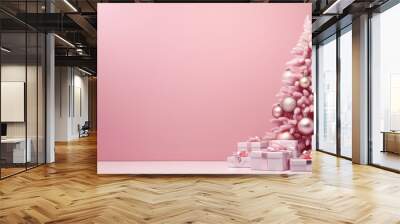  a pink christmas tree with presents under it on a table.  generative ai Wall mural