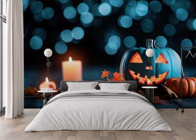   A pumpkin atop a wooden table with a lit candle and surrounding leaves Wall mural