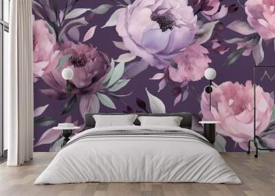  a purple and pink floral wallpaper with leaves and flowers.  generative ai Wall mural