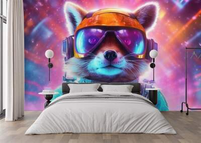  a raccoon wearing a helmet and goggles in front of a background of lights and stars with a rocket ship in the foreground.  generative ai Wall mural