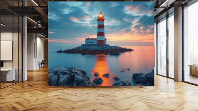  a red and white light house sitting on top of a small island in the middle of a body of water with rocks in front of it and a cloudy sky. Wall mural